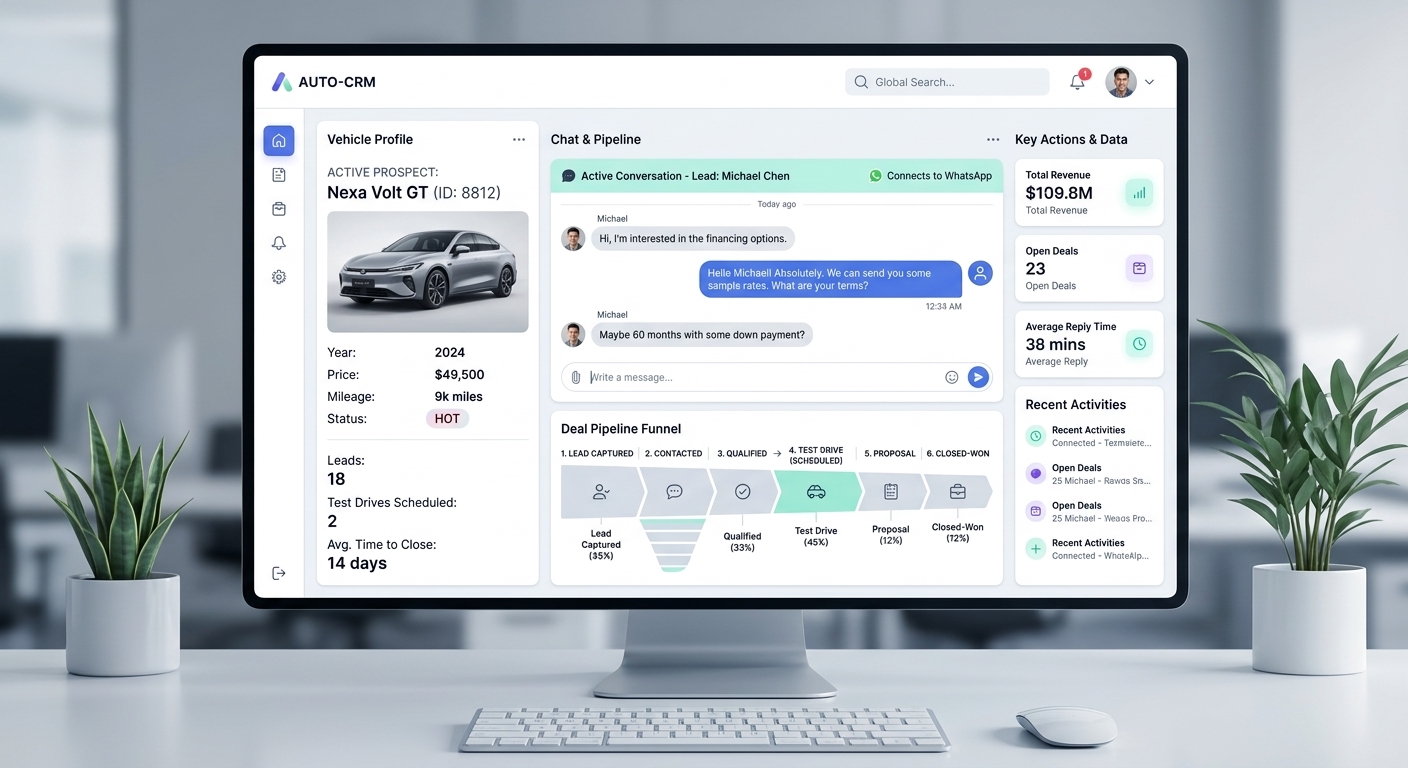 Painel ilustrativo de CRM com conversa, funil e informações de oportunidades
